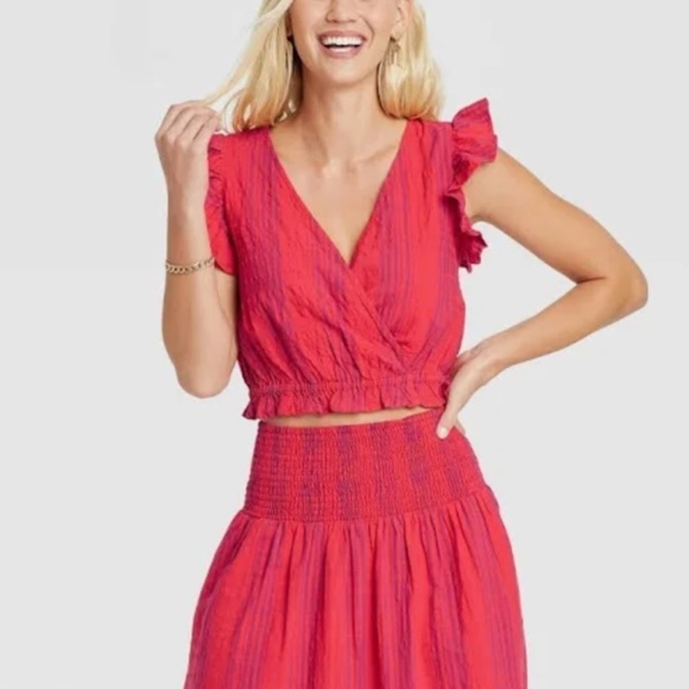Universal Thread Women's Tops Flutter Sleeveless Cropped Wrap Top- Red/Purple